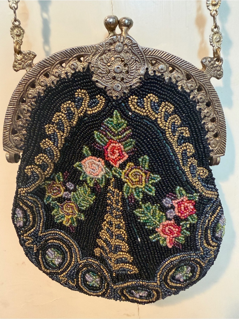 Beaded Floral CHRISTIANA Evening Bag in Black with Multicolor beads
